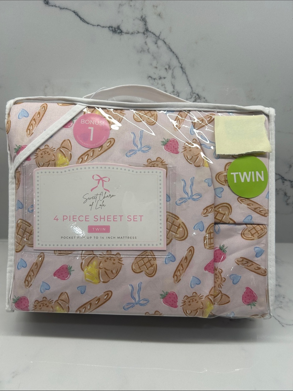 Cat Croissant Waffle Strawberry Bow Heart 4 Piece Twin Bed Sheets